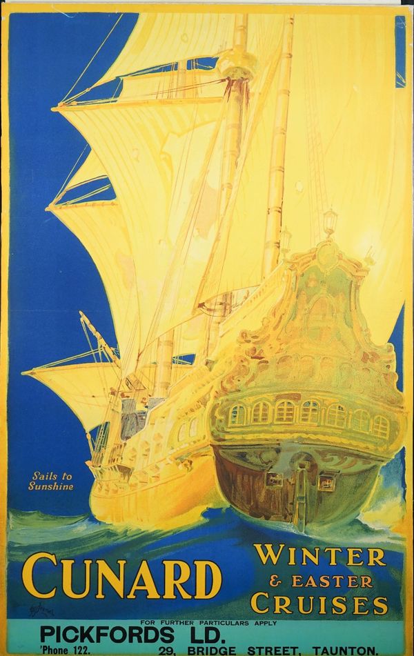 French 'Cunard Winter and Easter Cruises', circa 1930, lithograph in colours, 101cm x 63cm, and a Cunard poster 'Le Bateu Plasis Du Voyage Cunard Votr