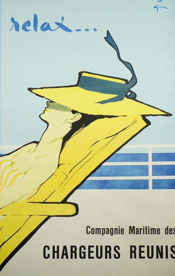 Gruau; 'Relax Compagine Maritying des Chargeurs Reunis', circa 1954, French tourism poster, lithograph in colours, laid to linen, framed and glazed, 9