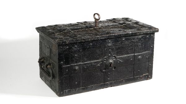 A 19th century strap iron bound Armada style chest with side loop handles, 60cm wide x 29cm high.