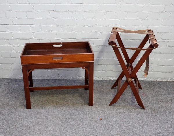 A 19th century rectangular butler's tray on later stand, 66cm wide x 55cm high, together with a folding 'X' frame tray stand.