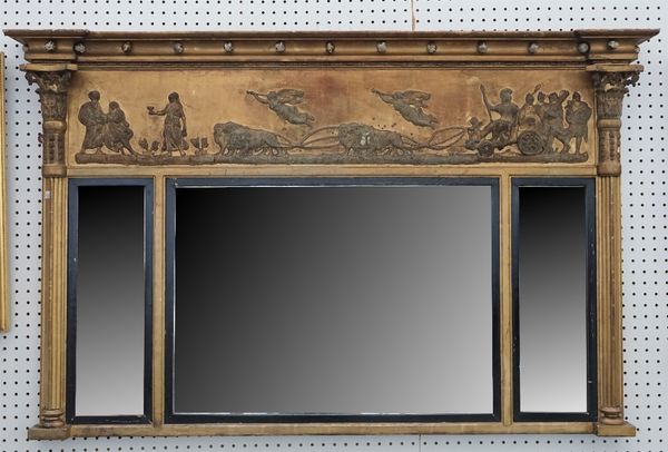 A 19th century gilt framed triple plate overmantel mirror, the upper frieze decorated with a lion drawn chariot, 143cm wide x 89cm high.