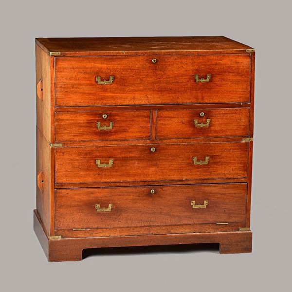 A 19th century teak two part secretaire campaign chest, the fitted drawer over two short and two long drawers on bracket feet, 102cm wide x 104cm high