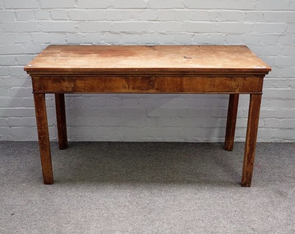 A mid-18th century mahogany side table with rectangular top over plain frieze on canted square supports, 132cm wide x 74cm high.