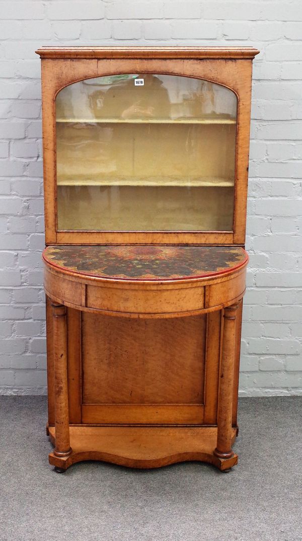 An unusual 19th century birdseye maple side cabinet, the single frieze door over polychrome painted slate demi-lune platform, with single drawer and s