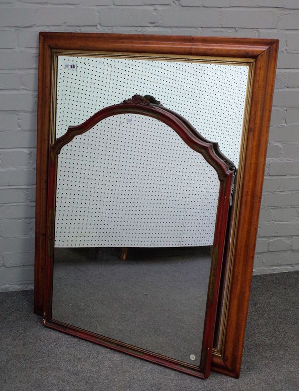 A 19th century birds eye maple framed rectangular wall mirror, 87cm wide x 113cm high, together with a 19th century Continental scarlet lacquered mirr