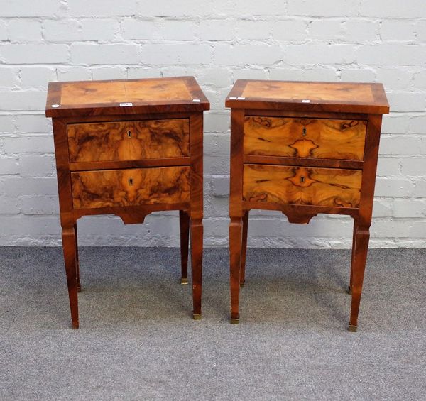 A pair of 18th century Italian style walnut two drawer bedside tables on tapering square supports, 43cm wide x 68cm high.