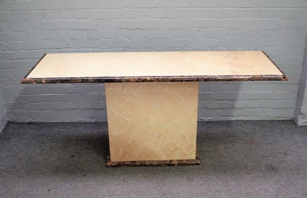 A 20th century marble console table, the banded rectangular top, on single rectangular pedestal support, 160cm wide x 72cm high.