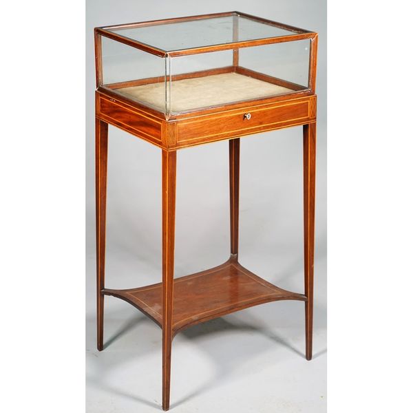 A Regency boxwood strung mahogany bijouterie table, the hinged rectangular glazed top on tapering square supports and united concave platform, 45cm wi