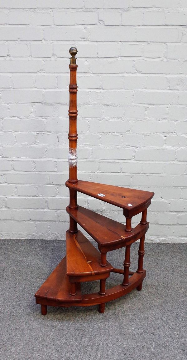 A set of 18th century style yew wood four rung spiral library steps, 115cm high.