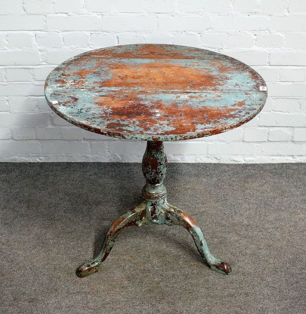 A George III later blue painted oak snap top circular tripod occasional table, 73cm deep x 71cm high.