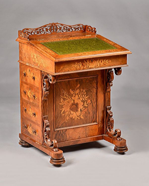 A Victorian floral marquetry inlaid figured walnut Davenport with fret board gallery over sloped front and four side drawers, 61cm wide x 89cm high.