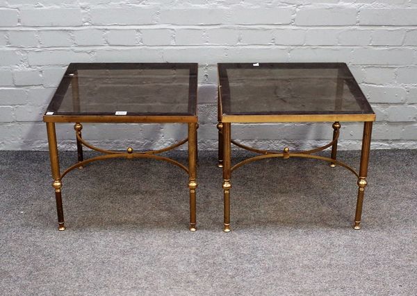 A pair of mid-20th century lacquered brass and glass square occasional tables on reeded supports, 46cm wide x 41cm high.