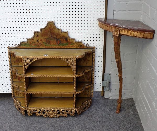 A set of 19th century gilt and polychrome painted hanging four tier wall shelves, 79cm wide x 84cm high, together with an 18th century style marble co