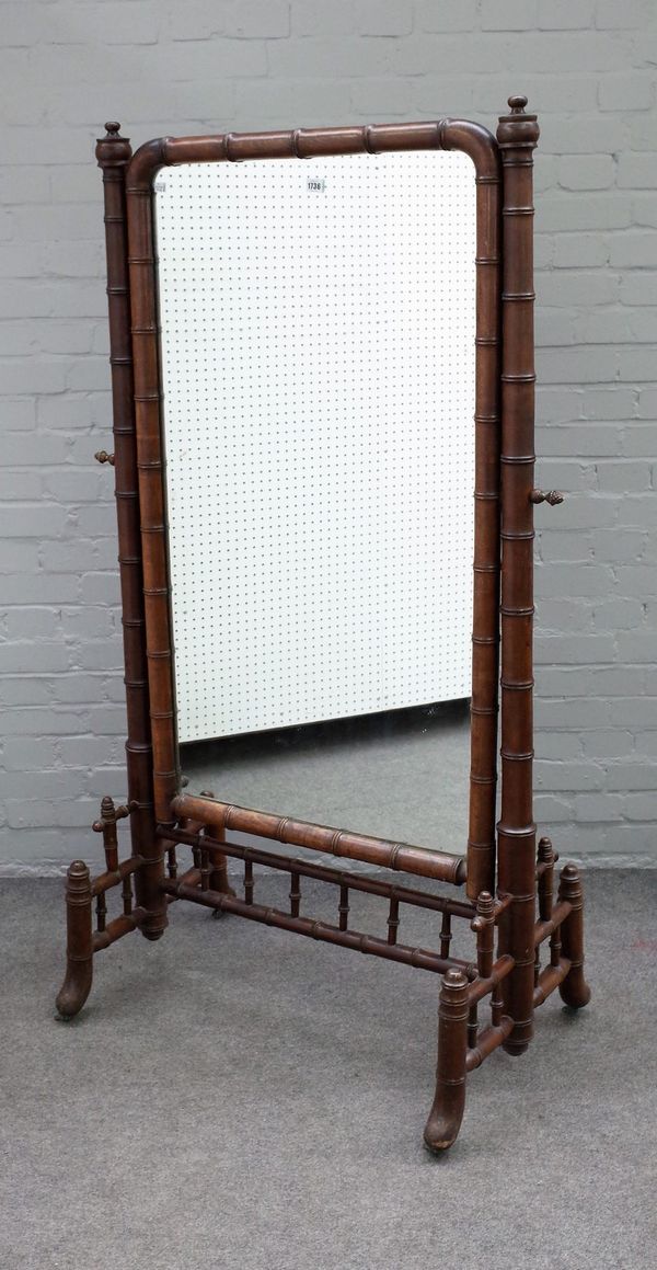 A late 19th century French faux bamboo cheval mirror with rounded rectangular mirror plate and splayed supports, 95cm wide x 165cm high.