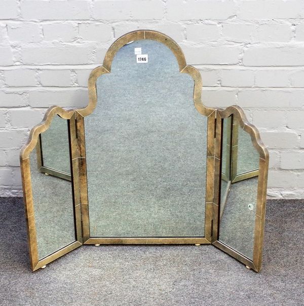 An early 20th century arch topped ivory banded shagreen triptych dressing mirror, 72cm high x 84cm wide, together with a bur yew and ebonised 19th cen