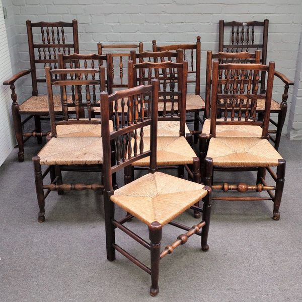 A matched set of eleven 19th century Lancashire bobbin back dining chairs, to include a pair of carvers, (11).