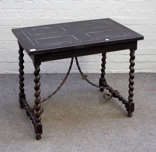 A 17th century style Italian ebonised rectangular centre table on barley-twist supports united by wrought iron stretcher, 81cm wide x 67cm high.