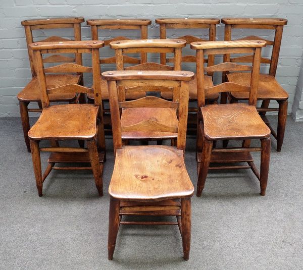 A set of eight early 20th century stained beech chapel chairs on turned supports, 38cm wide x 82cm high, (8).