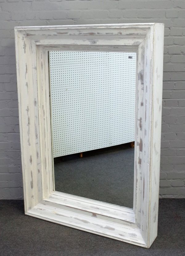 A large modern rectangular mirror with deep moulded distresses white painted frame, 162cm wide x 115cm high.