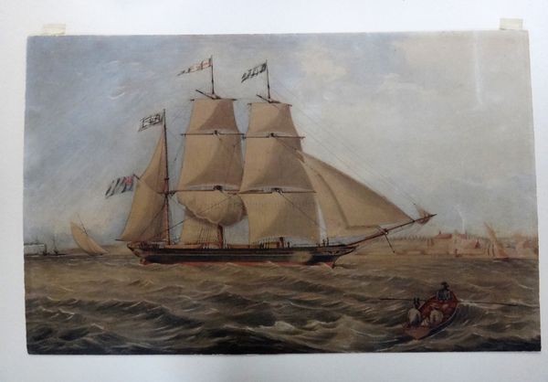 M**I**R (19th century). Clipper off the coast, watercolour, signed with initials and dated 1867, unframed, 34cm x 54cm.