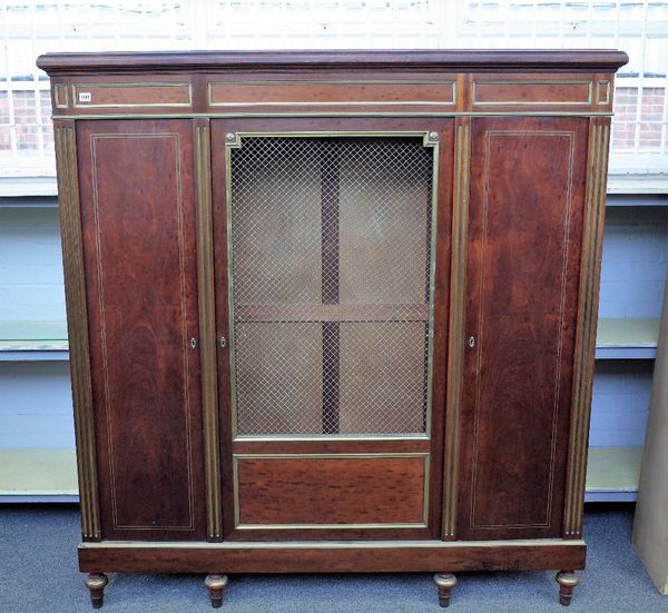 An early 20th century French Directoire style brass mounted mahogany side cabinet with central grille door flanked by cupboards, 161cm wide x 170cm hi