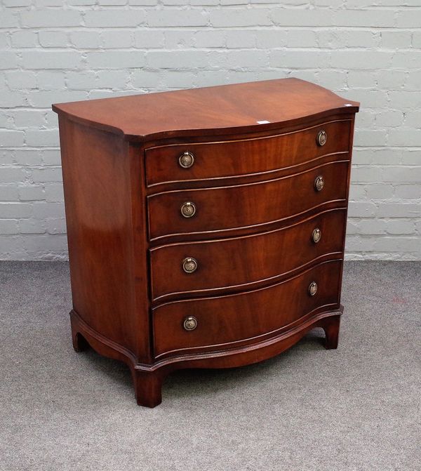 A George III style mahogany serpentine chest with four long graduated drawers on bracket feet, 89cm wide x 84cm high.