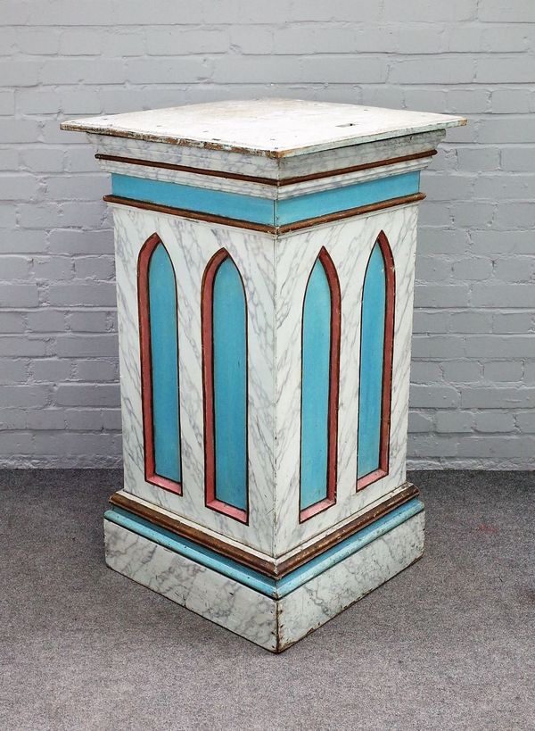 A Gothic revival polychrome painted faux marble pedestal with arch moulded sides on stepped base, 66cm wide x 112cm high.