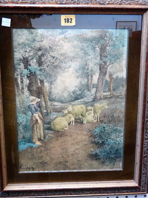 Louis Eugene Leroux (1833-1905), Sheep and shepherdess in a wooded clearing, watercolour, signed, 34cm x 25.5cm. D1