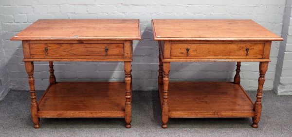 A pair of 17th century style oak side tables, each with single drawer rectangular tops on turned supports, united by platform undertier, 88cm wide x 7