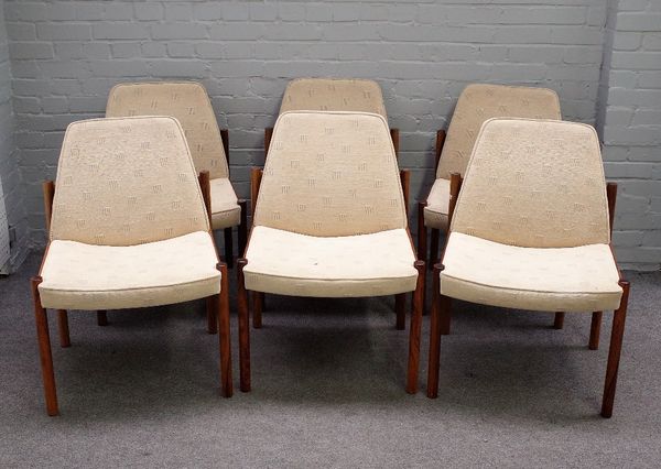 Mid-20th century Danish design, a set of six rosewood framed dining chairs on turned supports, 59cm wide x 83cm high. Certificate Number: 589192/01