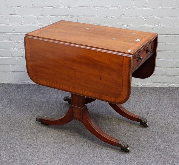 A George III satinwood banded mahogany drop flap centre table, with single frieze drawer on four downswept supports, 77cm wide x 71cm high.