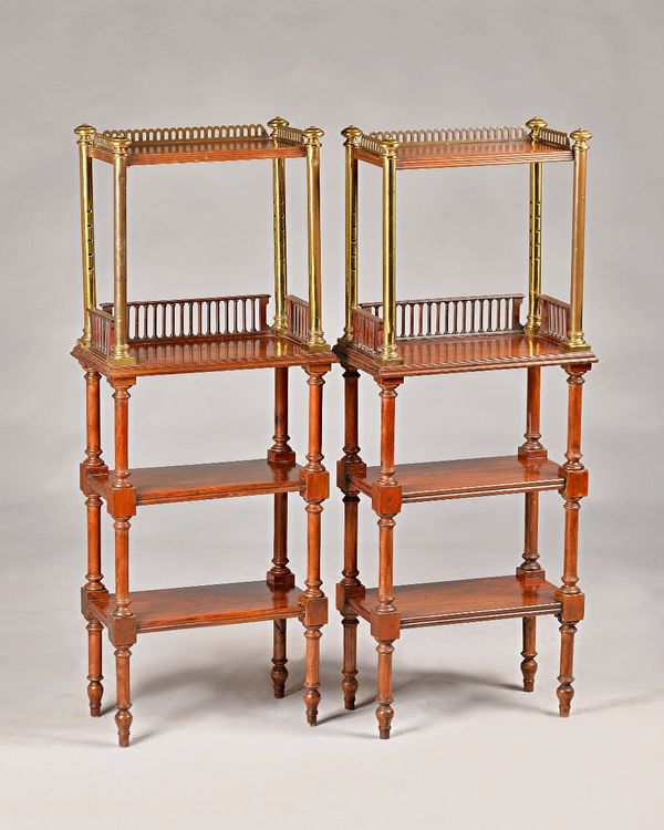 A pair of Victorian height adjustable mahogany and brass four tier whatnots on turned supports, 46cm wide x 125cm high.