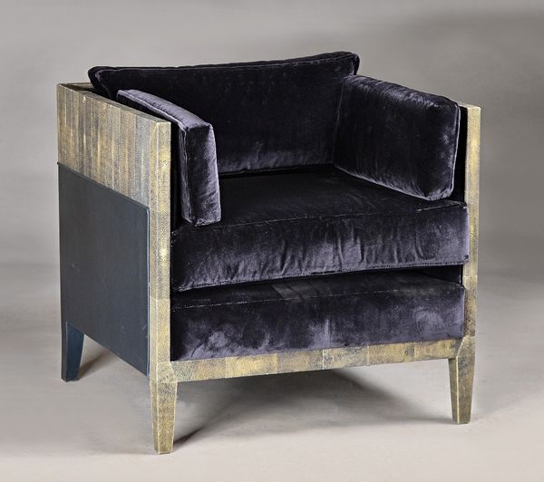 David Collins Studio; a modern square back easy armchair on tapering block supports in shagreen veneer, 74cm wide x 71cm high.Note; a similar possibly