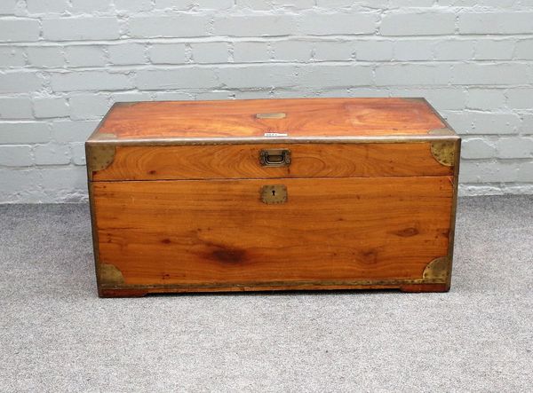 A 19th century Chinese export brass bound camphor wood rectangular trunk, 84cm wide x 39cm high.