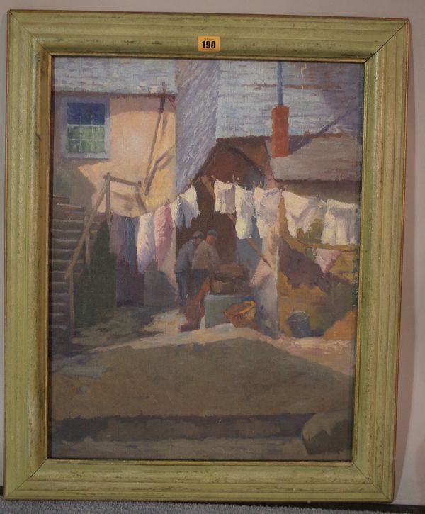 Sylvia Ketchley (20th century), Washing day, oil on canvas, inscribed on label on reverse, 58cm x 44cm.  D1