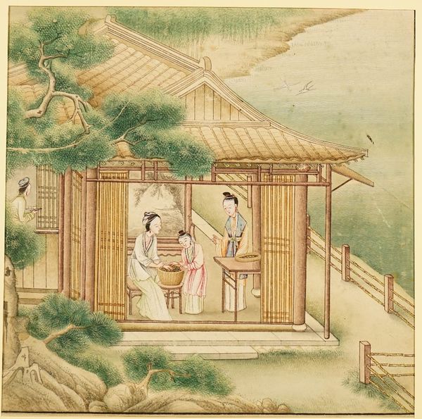 Chinese school, 19th century, two watercolours on paper, one painted with figures in a house, the other painted with figures on a boat, 23cm. by 23.5c