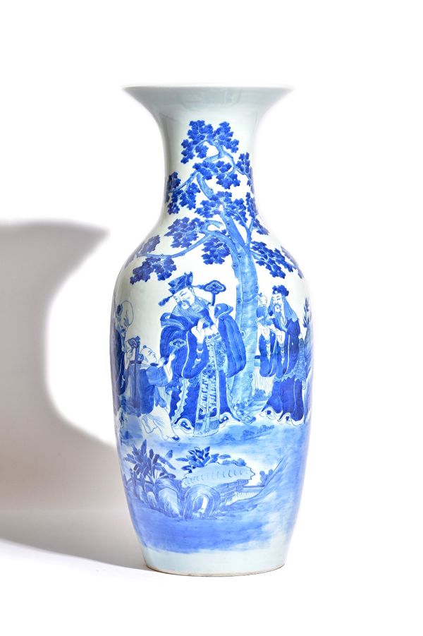 A large Chinese blue and white baluster vase, late 19th/early 20th century, painted with the three Star Gods in  fenced garden with two children, 62cm