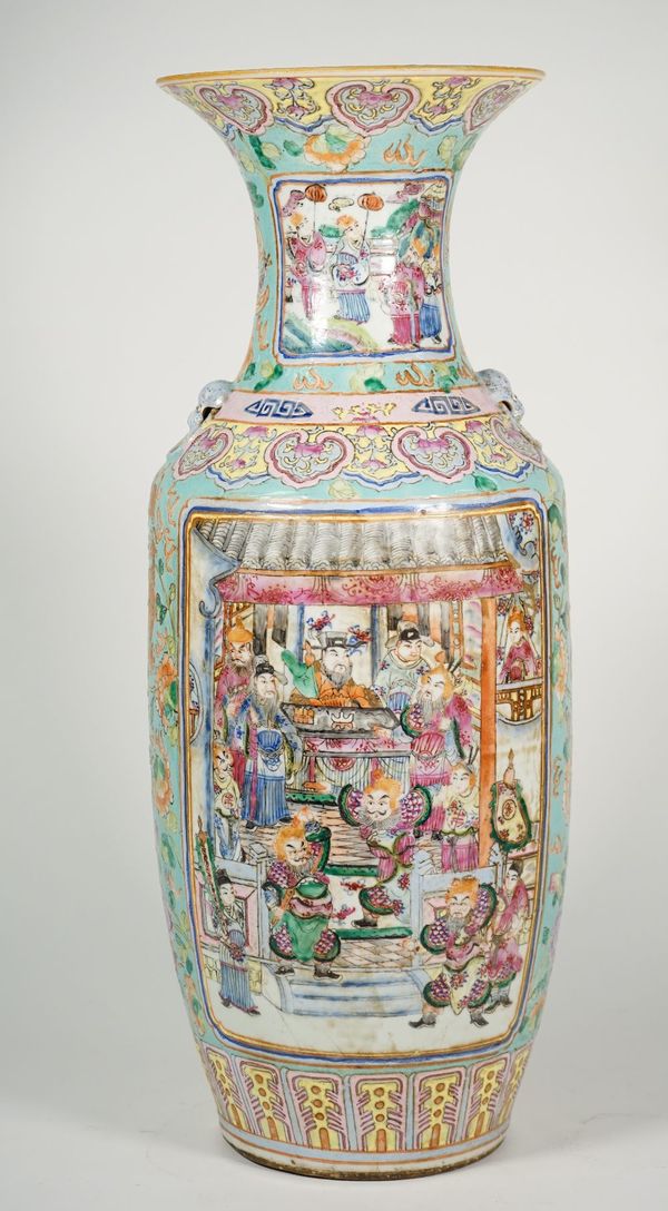 A tall Chinese famille-rose baluster vase, one side painted with a battle scene, the reverse painted with a panel of a dignatary and attendants, 56.5c