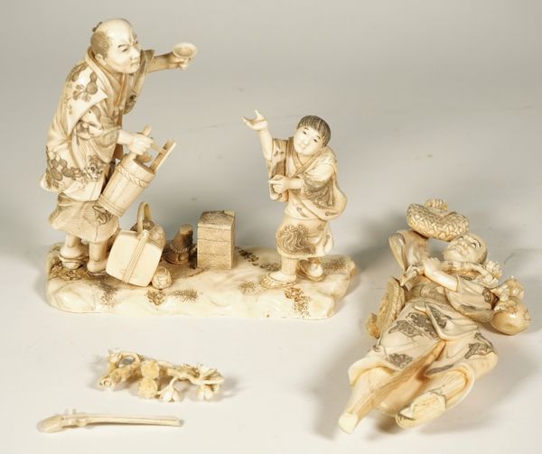 A Japanese ivory okimono group of three figures, Meiji period, signed Tadakazu, (a.f), 26cm. high.