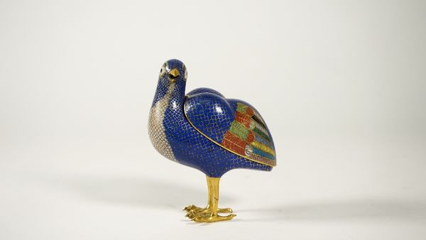 A Chinese cloisonné enamel quail censer and cover, 19th century, the bird standing looking to the left, with blue body and multi-coloured wing tips, 1