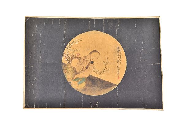 A Chinese circular fan leaf painting, Qing dynasty, ink and watercolour on silk, painted with a young woman seated at a table with a vase of flowering