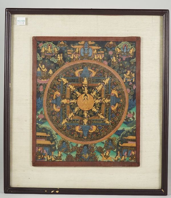 A Tibetan mandala thangka. 19th/20th century ,opaque pigments on cloth, painted with a central seated Buddha, inside radiating figures, on a ground fi