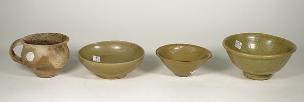 A Chinese yaozhou celadon small bowl, 13th century, steep sides with everted rim, covered in an olive green glaze, 12cm. diameter; also a South China