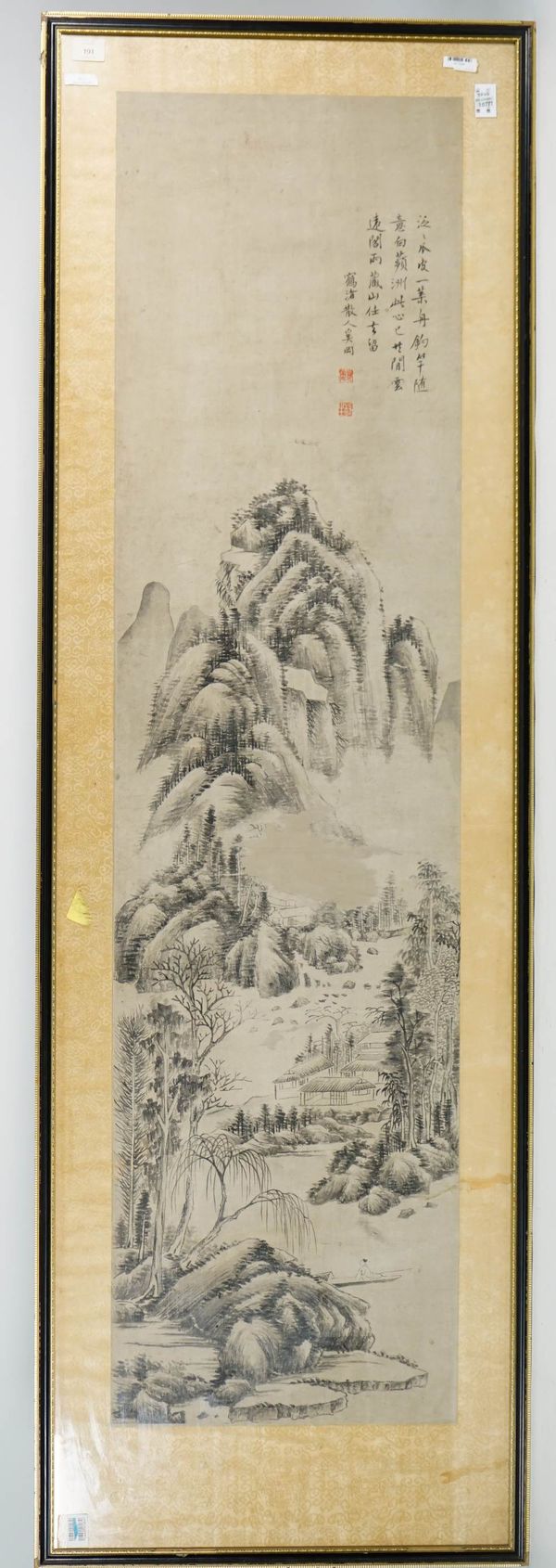 Chinese School; ink on paper, signed Xi Gang ( 1746-1803), depicting a figure in a boat before pavilions on a riverbank in a mountainous landscape, in