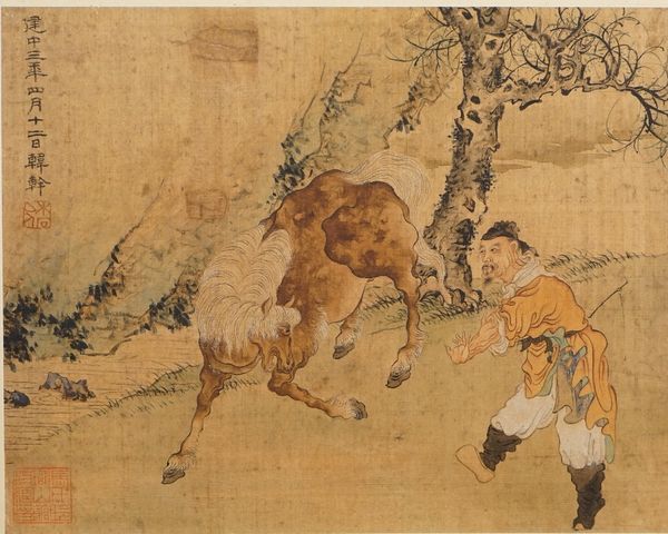 Chinese school, four paintings on silk laid down on paper or card, comprising; two painted with a figure and horse, another depicting the poet Du Fu o