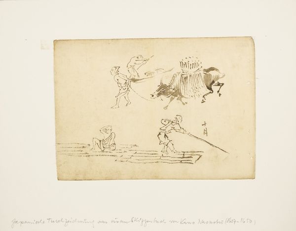 Japanese school, probably Edo period, two pen and ink sketches on paper laid down on card, one with studies of figures and a buffalo, the other showin