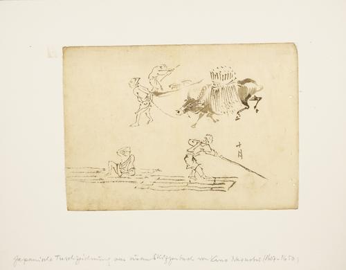 Japanese school, probably Edo period, two pen and ink sketches on paper laid down on card, one with studies of figures and a buffalo, the other showin