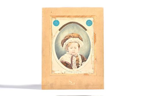 Portrait of a European child, with attribution to the artist Abu'l Hasan, Iran, Qajar, dated 1281/1864-65, gouache on paper, portrait 22.2cm. by 17.8c