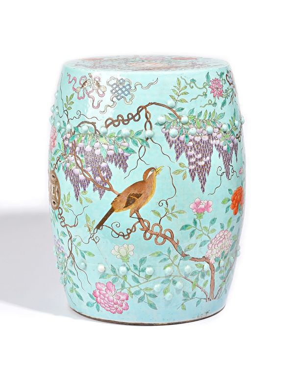 A Chinese Dayazhai -type barrel shaped garden seat, late 19th century, painted with birds perched in branches of wisteria against a turquoise ground,