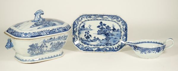 A Chinese export blue and white tureen and associated cover, Qianlong, each painted with a river landscape, set with animal mask handles, (a.f), 34cm.